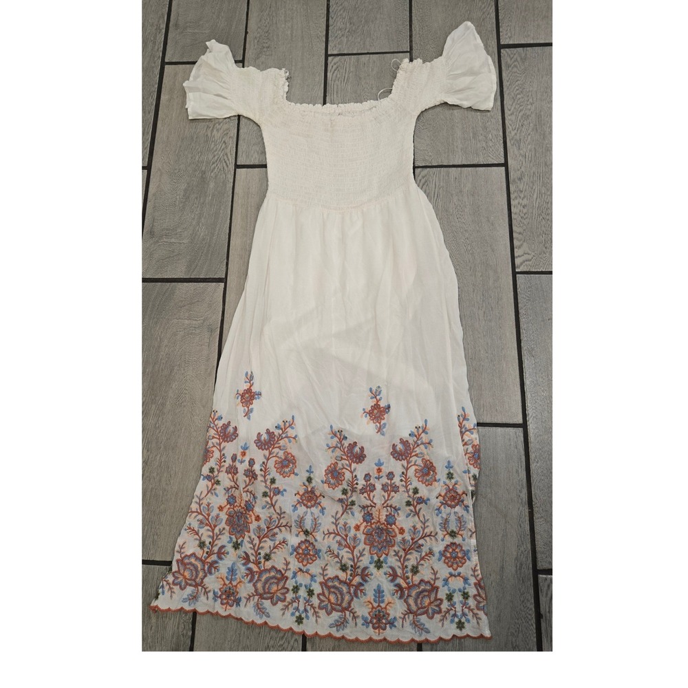 Superfoxx White Smocked Maxi Dress Floral Embroidered Off Shoulder Boho Small